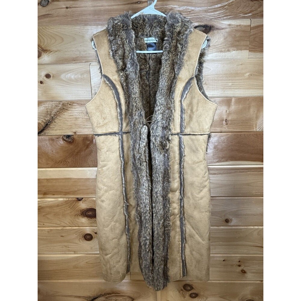 Parkhurst faux fur jacket/Vest Tie Front Leather Brown Women’s‎ L/G OMG!